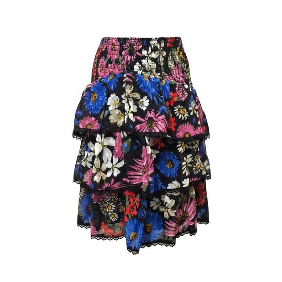 Spring & Mercer Black Multi Floral Tiered Mini Skirt Smocked Waist Sz S Fairy - Picture 3 of 9